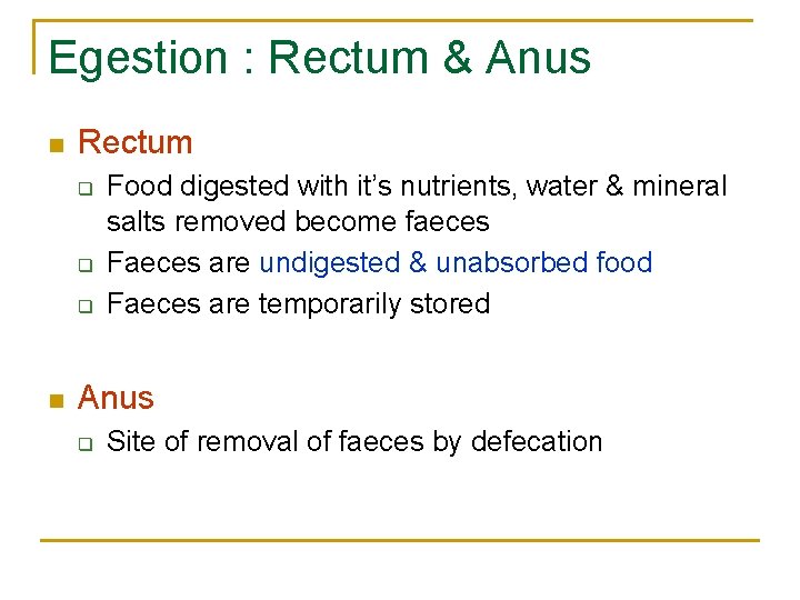Egestion : Rectum & Anus n Rectum q q q n Food digested with Egestion : Rectum & Anus n Rectum q q q n Food digested with