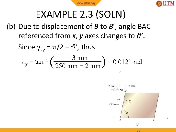 EXAMPLE 2. 3 (SOLN) (b) Due to displacement of B to B’, angle BAC