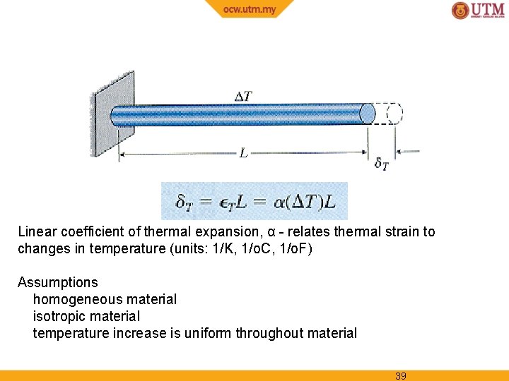 Linear coefficient of thermal expansion, α - relates thermal strain to changes in temperature
