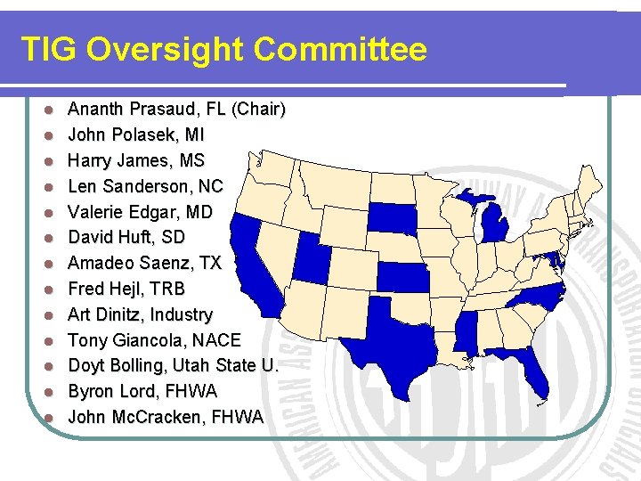 TIG Oversight Committee l l l l Ananth Prasaud, FL (Chair) John Polasek, MI TIG Oversight Committee l l l l Ananth Prasaud, FL (Chair) John Polasek, MI