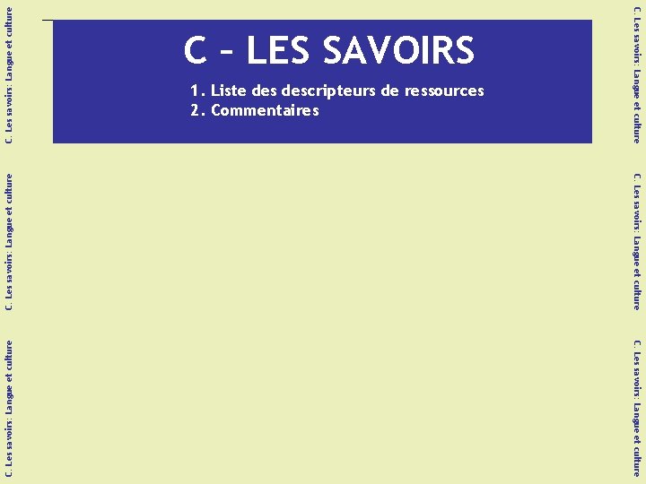 C. Les savoirs: Langue et culture Liste des descripteurs de de ressources 1. 1.