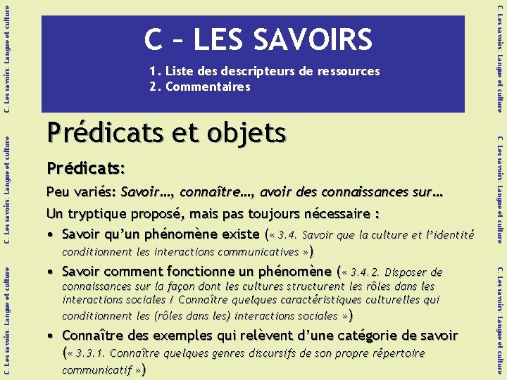 C. Les savoirs: Langue et culture Prédicats et objets Prédicats: Peu variés: Savoir…, connaître…,