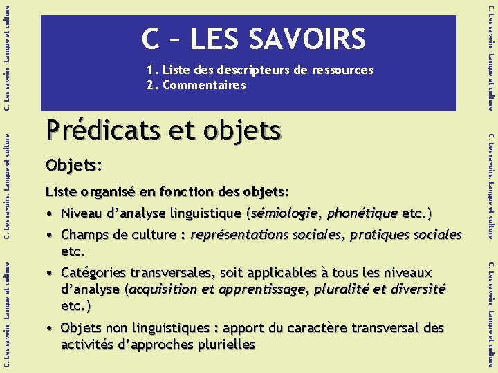 C. Les savoirs: Langue et culture Prédicats et objets Objets: Liste organisé en fonction