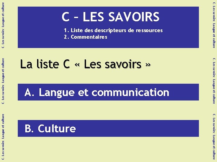 C. Les savoirs: Langue et culture La liste C « Les savoirs » A.