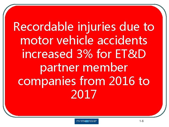 Crash Facts injuries due to Recordable motor vehicle accidents increased 3% for ET&D partner