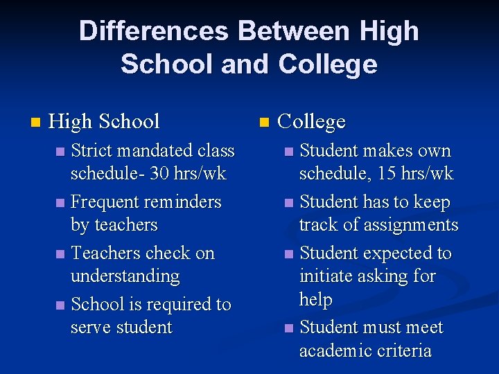 Differences Between High School and College n High School Strict mandated class schedule- 30