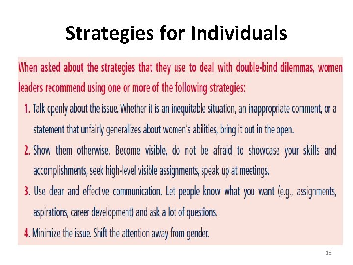 Strategies for Individuals 13 