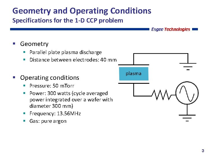 Geometry and Operating Conditions Specifications for the 1 -D CCP problem Geometry Parallel plate