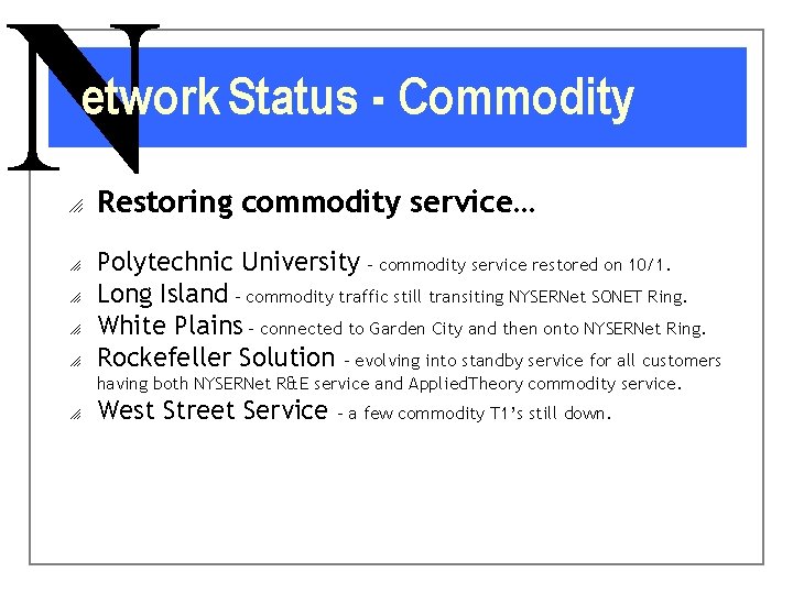 N etwork Status - Commodity o o o Restoring commodity service… Polytechnic University -