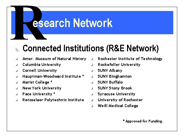 R esearch Network x o o o o Connected Institutions (R&E Network) Amer. Museum