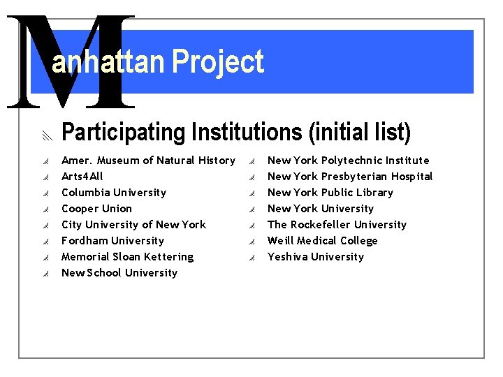 M anhattan Project x o o o o Participating Institutions (initial list) Amer. Museum