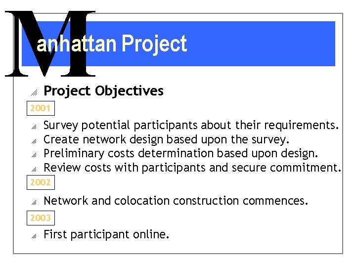 M anhattan Project o Project Objectives 2001 o o Survey potential participants about their