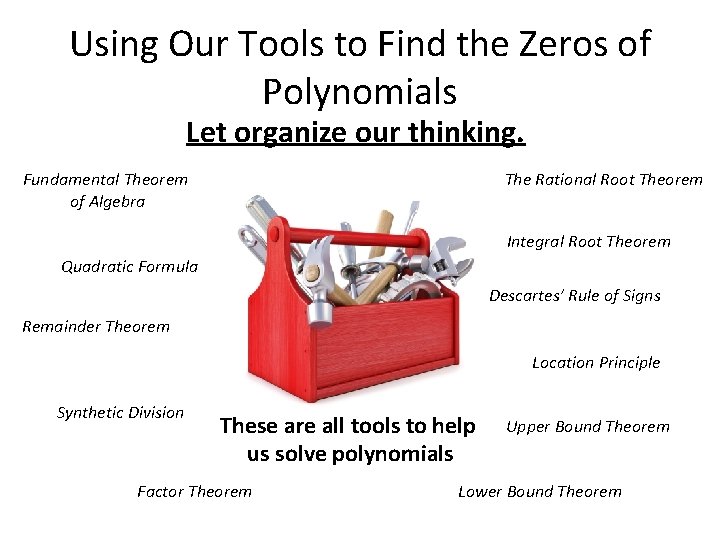 Using Our Tools to Find the Zeros of Polynomials Let organize our thinking. Fundamental