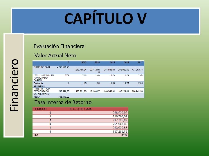 CAPÍTULO V Financiero Evaluación Financiera Valor Actual Neto Tasa Interna de Retorno 