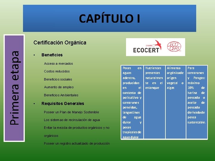 CAPÍTULO I Primera etapa Certificación Orgánica • Beneficios Acceso a mercados Costos reducidos Beneficios