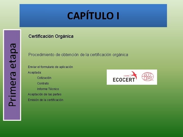 CAPÍTULO I Primera etapa Certificación Orgánica Procedimiento de obtención de la certificación orgánica Enviar