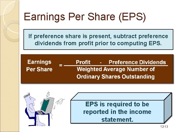 Earnings Per Share (EPS) If preference share is present, subtract preference dividends from profit Earnings Per Share (EPS) If preference share is present, subtract preference dividends from profit
