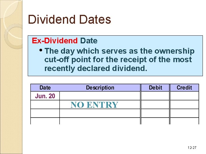 Dividend Dates Ex-Dividend Date • The day which serves as the ownership cut-off point Dividend Dates Ex-Dividend Date • The day which serves as the ownership cut-off point