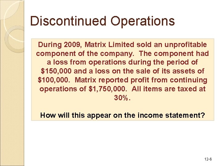 Discontinued Operations During 2009, Matrix Limited sold an unprofitable component of the company. The Discontinued Operations During 2009, Matrix Limited sold an unprofitable component of the company. The