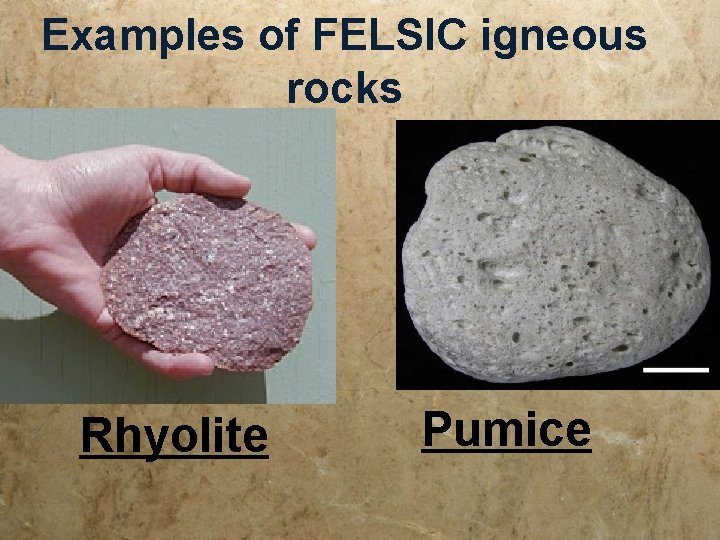Examples of FELSIC igneous rocks Rhyolite Pumice Examples of FELSIC igneous rocks Rhyolite Pumice