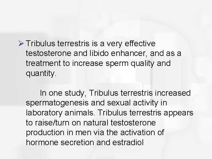 Ø Tribulus terrestris is a very effective testosterone and libido enhancer, and as a