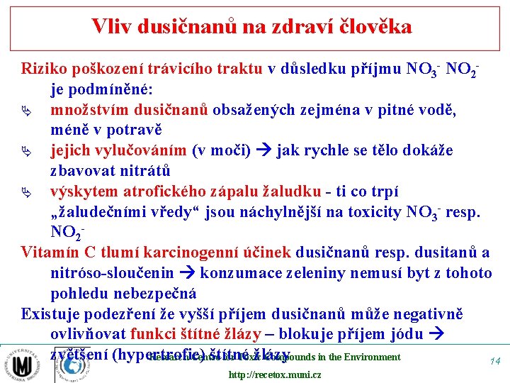 Vliv dusičnanů na zdraví člověka Riziko poškození trávicího traktu v důsledku příjmu NO 3