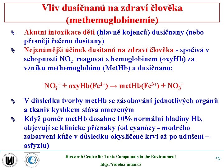 Vliv dusičnanů na zdraví člověka (methemoglobinemie) Ä Ä Akutní intoxikace děti (hlavně kojenců) dusičnany
