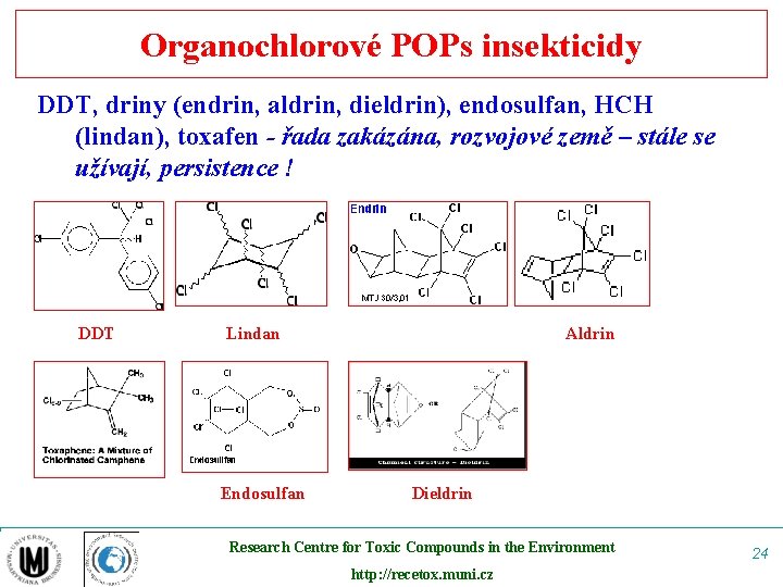 Organochlorové POPs insekticidy DDT, driny (endrin, aldrin, dieldrin), endosulfan, HCH (lindan), toxafen - řada