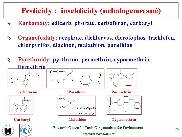 Pesticidy : insekticidy (nehalogenované) Ä Karbamáty: adicarb, phorate, carbofuran, carbaryl Ä Organofosfáty: acephate, dichlorvos,