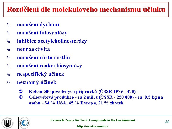 Rozdělení dle molekulového mechanismu účinku Ä Ä Ä Ä narušení dýchání narušení fotosyntézy inhibice