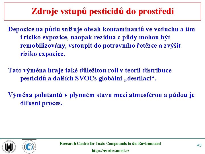 Zdroje vstupů pesticidů do prostředí Depozice na půdu snižuje obsah kontaminantů ve vzduchu a