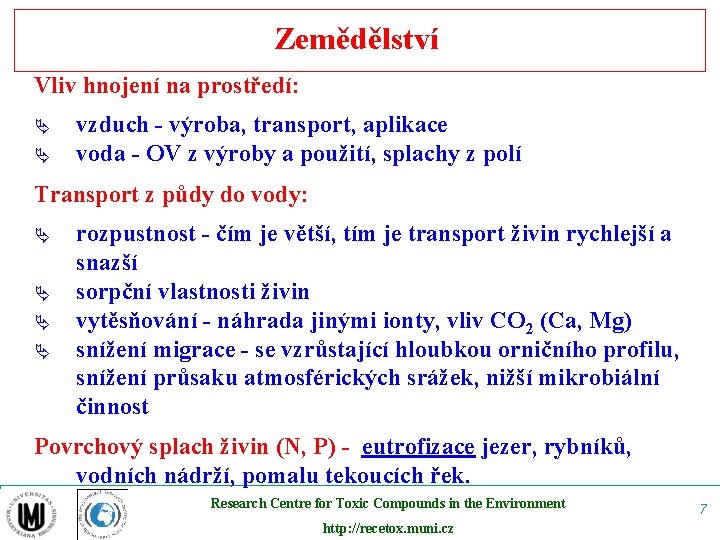 Zemědělství Vliv hnojení na prostředí: Ä Ä vzduch - výroba, transport, aplikace voda -