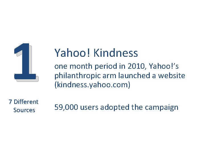 1 7 Different Sources Yahoo! Kindness one month period in 2010, Yahoo!’s philanthropic arm 1 7 Different Sources Yahoo! Kindness one month period in 2010, Yahoo!’s philanthropic arm