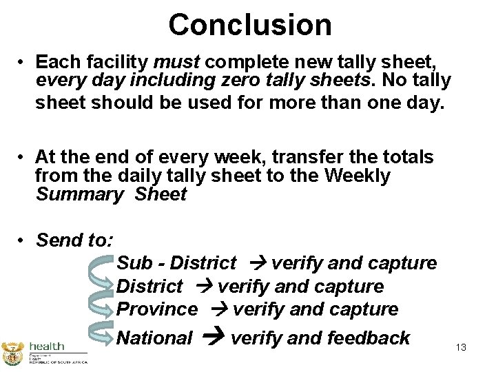 Conclusion • Each facility must complete new tally sheet, every day including zero tally