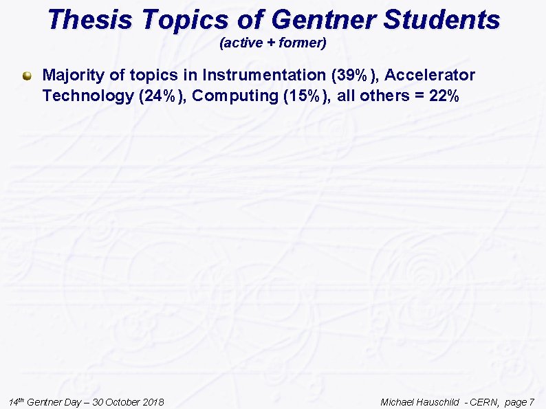 Thesis Topics of Gentner Students (active + former) Majority of topics in Instrumentation (39%),