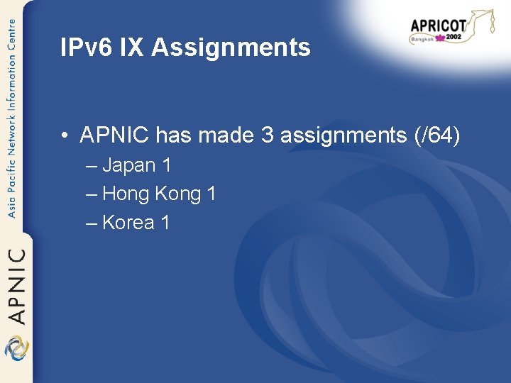 IPv 6 IX Assignments • APNIC has made 3 assignments (/64) – Japan 1