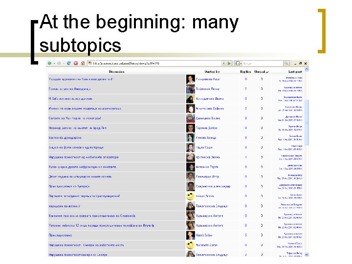 At the beginning: many subtopics 