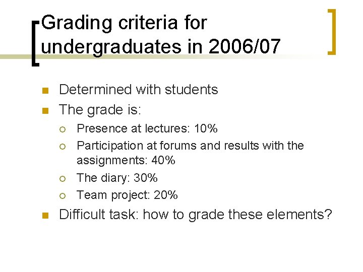 Grading criteria for undergraduates in 2006/07 n n Determined with students The grade is: