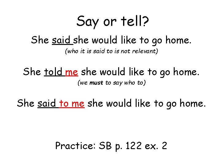 Say or tell? She said she would like to go home. (who it is