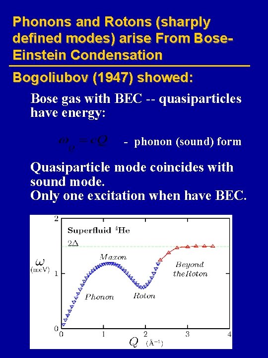 Phonons and Rotons (sharply defined modes) arise From Bose. Einstein Condensation Bogoliubov (1947) showed: