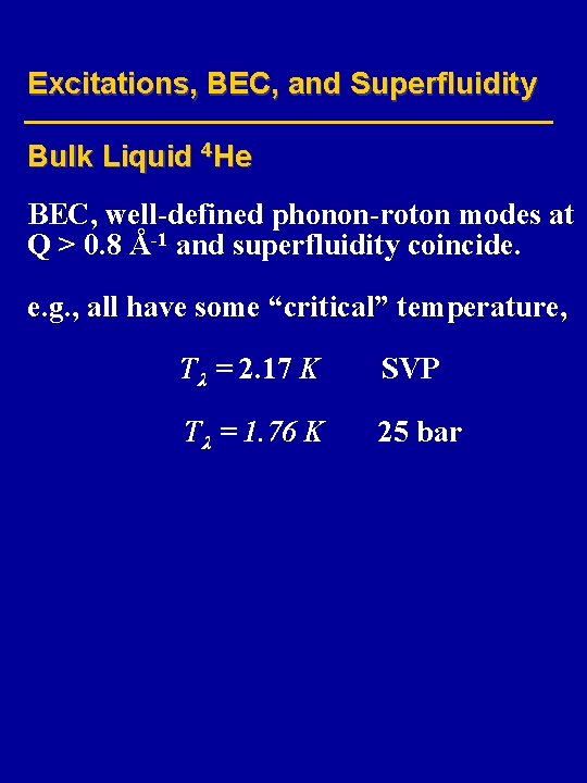 Excitations, BEC, and Superfluidity Bulk Liquid 4 He BEC, well-defined phonon-roton modes at Q