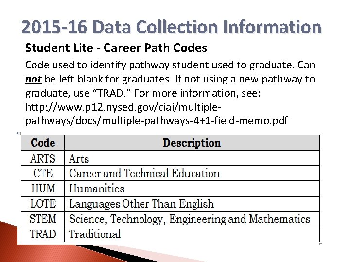 2015 -16 Data Collection Information Student Lite - Career Path Codes Code used to