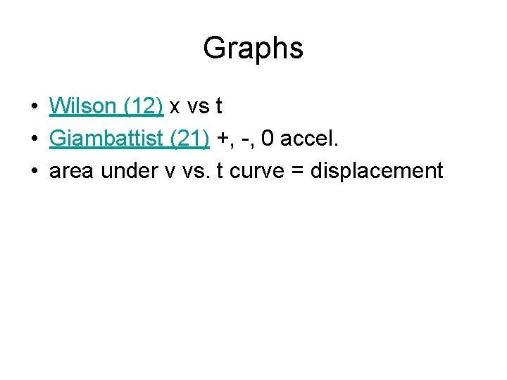 Graphs • Wilson (12) x vs t • Giambattist (21) +, -, 0 accel.