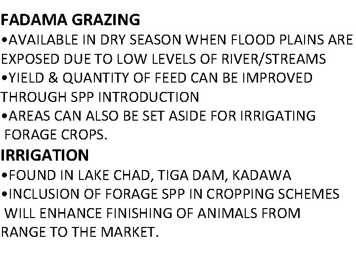 FADAMA GRAZING • AVAILABLE IN DRY SEASON WHEN FLOOD PLAINS ARE EXPOSED DUE TO