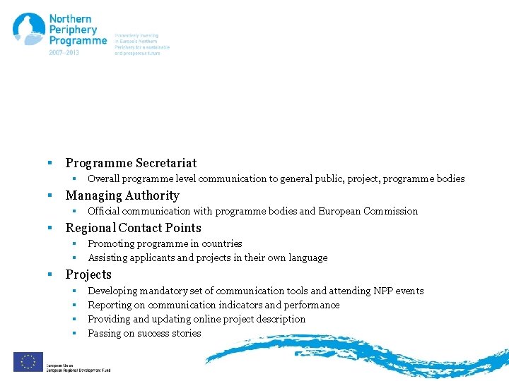 Roles and Responsibilities § Programme Secretariat § § Managing Authority § § Official communication