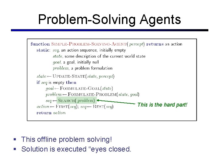 Problem-Solving Agents This is the hard part! § This offline problem solving! § Solution