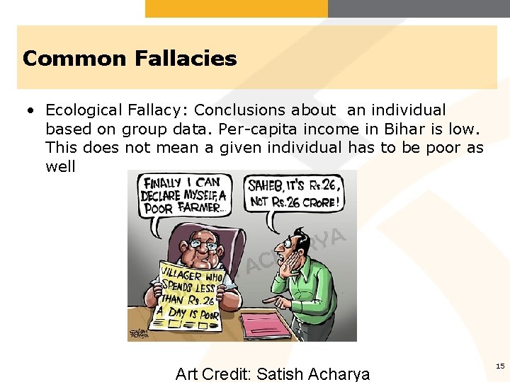 Common Fallacies • Ecological Fallacy: Conclusions about an individual based on group data. Per-capita