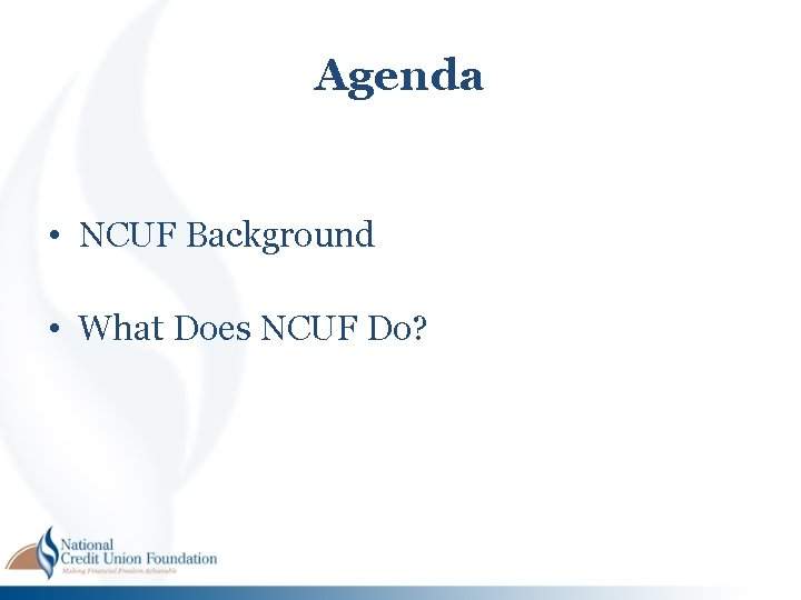 Agenda • NCUF Background • What Does NCUF Do? Agenda • NCUF Background • What Does NCUF Do?