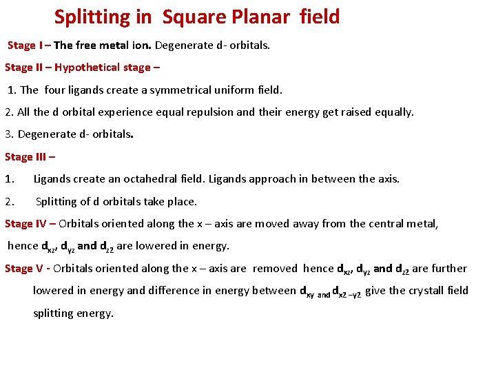 Splitting in Square Planar field Stage I – The free metal ion. Degenerate d-