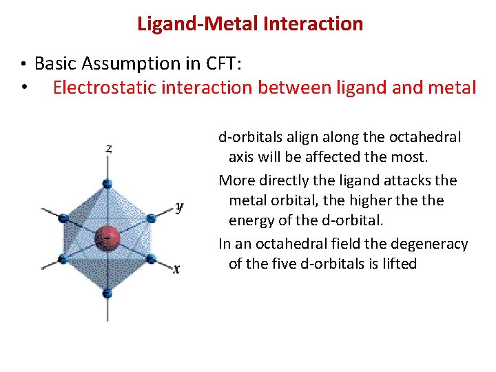 Ligand-Metal Interaction • Basic Assumption in CFT: • Electrostatic interaction between ligand metal d-orbitals Ligand-Metal Interaction • Basic Assumption in CFT: • Electrostatic interaction between ligand metal d-orbitals